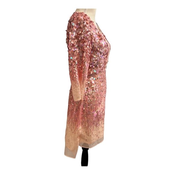 Halston Heritage Pink Chiffon Sequin Dress Knee Length Sheer Lined Size 2 - Picture 4 of 11